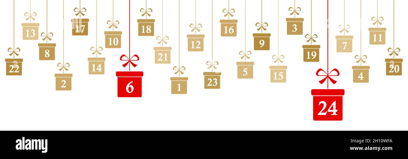 Hängende weihnachtsgeschenke Gold mit den Zahlen 1 bis 24 gefärbt Zeigt Adventskalender für Weihnachten und Winterzeitkonzepte Panorama Stil Stock Vektor