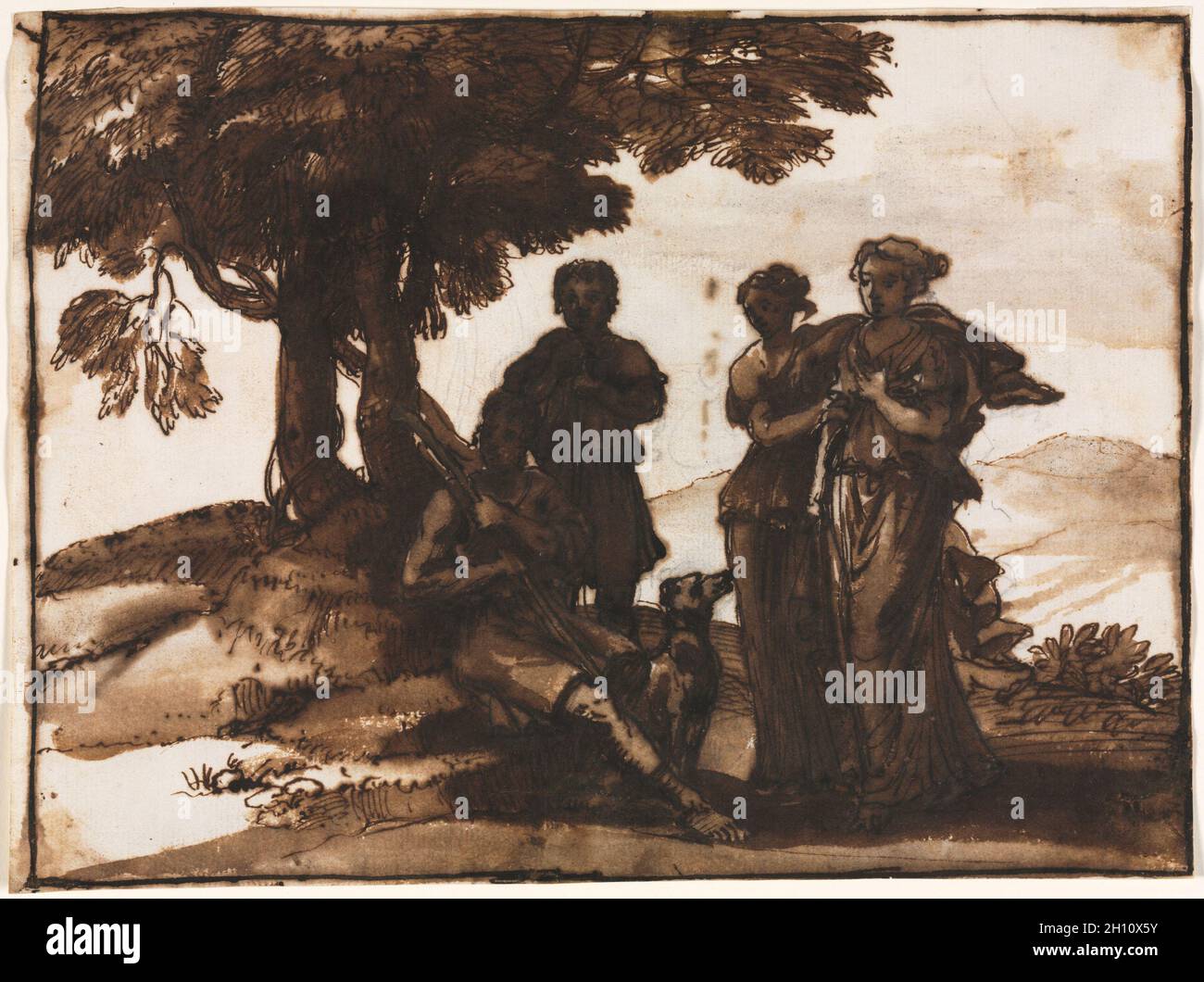 Pastorale Szene mit klassischen Figuren, C. 1640-1645. Claude Lorrain (Französisch, 1604-1682). Pen und braune Tusche und Pinsel und Braun und Grau waschen über Graphit; Blatt: 19,2 x 25,8 cm (7 9/16 x 10 3/16 in.); Bild: 19 x 25,4 cm (7 1/2 x 10 in.). Stockfoto