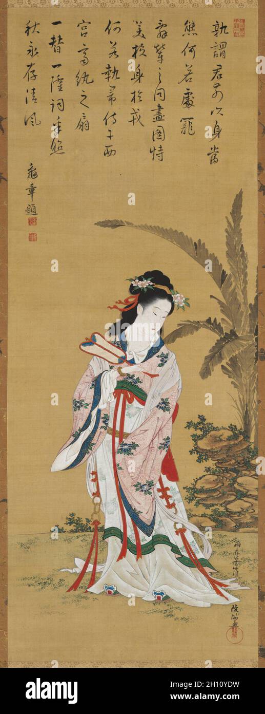 Chinesische Schönheit, Ende 1700-Anfang 1800. Kubo Shunman (Japanisch, 1757-1820). Hängende Schriftrolle, Tinte und Farbe auf Seide; Bild: 96 x 37 cm (37 13/16 x 14 9/16 Zoll); insgesamt: 184.2 x 53.3 cm (72 1/2 x 21 Zoll). Stockfoto