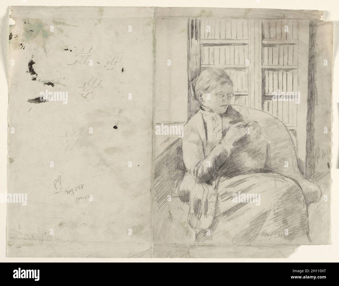 Stricken in der Bibliothek (recto), C. 1881. Mary Cassatt (American, 1844-1926). Graphit; Blatt: 31,3 x 40,1 cm (12 5/16 x 15 13/16 in.); Bild: 28 x 22 cm (11 x 8 11/16 in.). Stockfoto Stricken in der Bibliothek (recto), C. 1881. Mary Cassatt (American, 1844-1926). Graphit; Blatt: 31,3 x 40,1 cm (12 5/16 x 15 13/16 in.); Bild: 28 x 22 cm (11 x 8 11/16 in.). Stockfoto