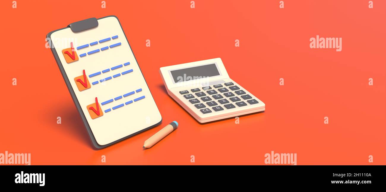 Minimale Checkliste für die Zwischenablage und Taschenrechner auf orangefarbenem Hintergrund. Rote Häkchen auf einer Aufgabenliste, Strategieplanung, 3d-Illustration Stockfoto