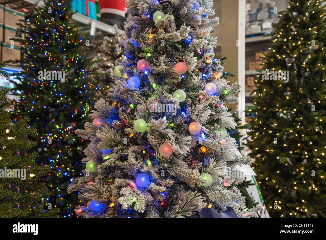 Weihnachtsdekorationen zum Verkauf in einem Baumarkt, North Florida. Ein voll dekorierter Weihnachtsbaum steht zum Verkauf, komplett mit Lichtern. Stockfoto