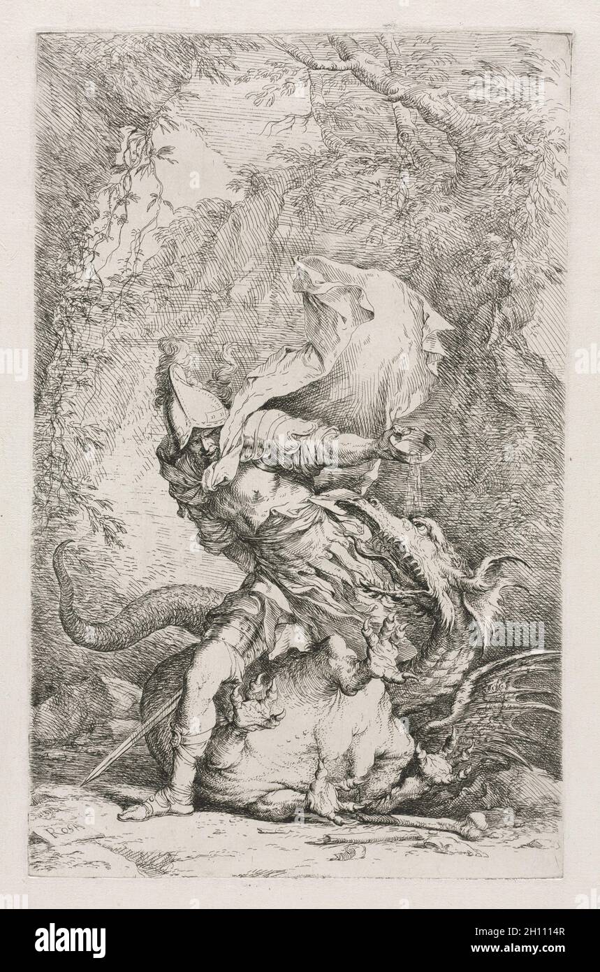 Jason und der Drache, c. 1663. Salvator Rosa (Italienisch, 1615-1673). Radierung; Blatt: 39.1 x 23.7 cm (15 3/8 x 9 5/16 Zoll). Stockfoto