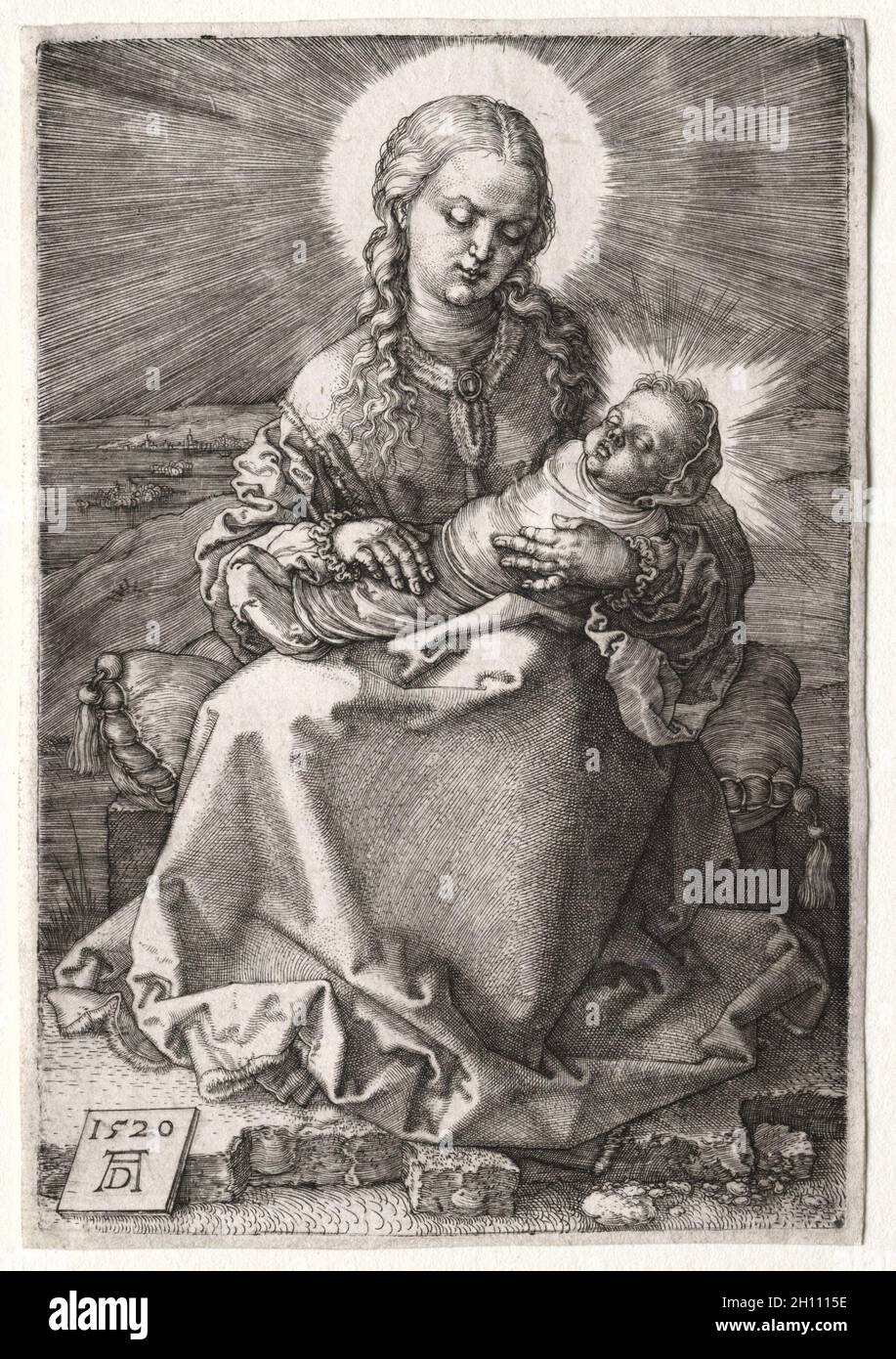 Die Jungfrau mit dem umwuselten Kind, 1520. Albrecht Dürer (Deutsch, 1471-1528). Gravur; Platemark: 14.2 x 9.6 cm (5 9/16 x 3 3/4 Zoll). Stockfoto