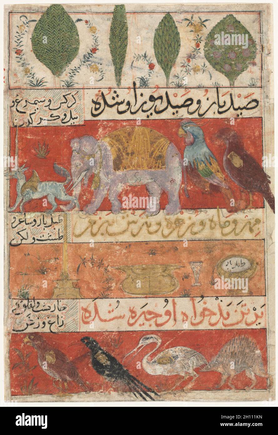 Tiere, Vögel und Pflanzen (verso) aus einem Mu'nis al-Ahrar Fi Daqa'iq al-Ash'ar (der Free Men's Companion to the Subtilties of Poems) von Muhammad Ibn Badr al-DIN Jajarmi (aktiv 1340er), c. 1341. Iran, Shiraz, Ilkhanidische Periode (1256-1353). Opakes Aquarell, Tinte und Gold auf Papier; insgesamt 19.7 x 13.5 cm (7 3/4 x 5 5/16 Zoll). Stockfoto