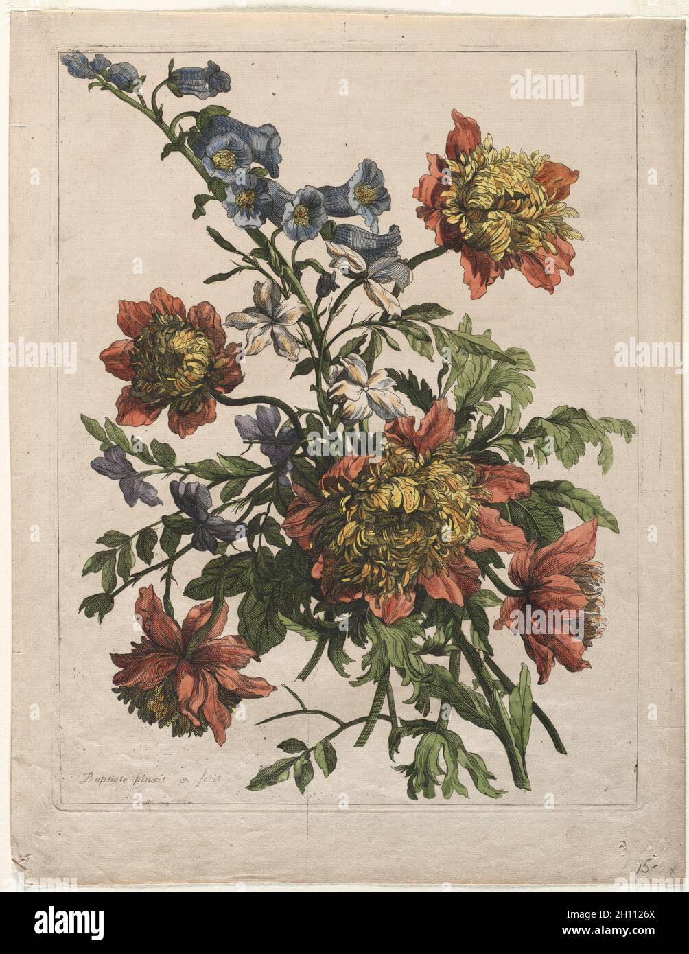 Bouquet. Jean-Baptiste i Monnoyer (Französisch, c. 1636-1699). Radierung und Gravur, handfarbig; Stockfoto
