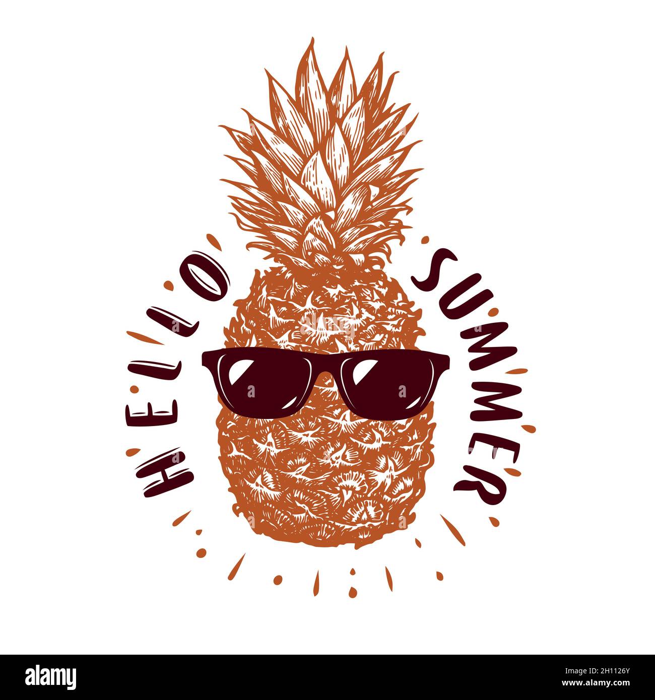Ananas mit Sonnenbrille. Hallo Sommer, Emblem. Vektorgrafik Reisekonzept Stock Vektor