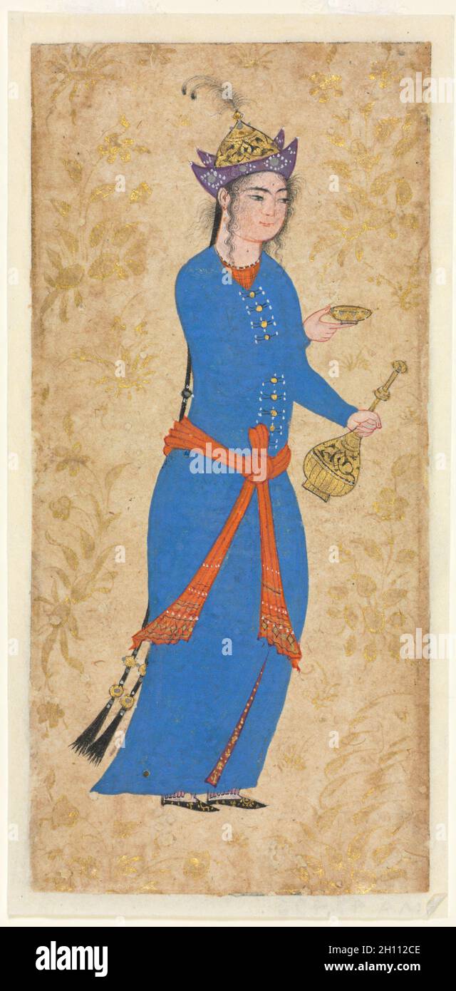 Prinzessin mit Weinflasche und Tasse (recto), c. 1550-1600. Iran, Qazvin oder Isfahan, Safavid-Periode (1501-1722). Deckendes Aquarell und Gold auf Papier; Bild: 12.2 x 5.7 cm (4 13/16 x 2 1/4 Zoll); insgesamt: 37.1 x 24.8 cm (14 5/8 x 9 3/4 Zoll). Stockfoto