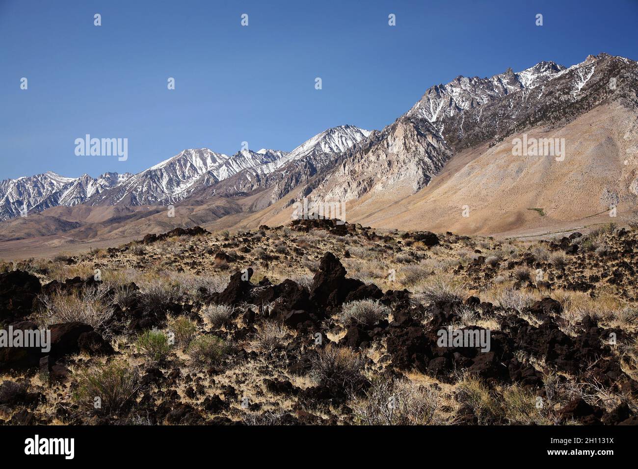 Blick auf Lavagesteine entlang des US Highway 395 in den östlichen Bergen der Sierra Nevada in Kalifornien Stockfoto