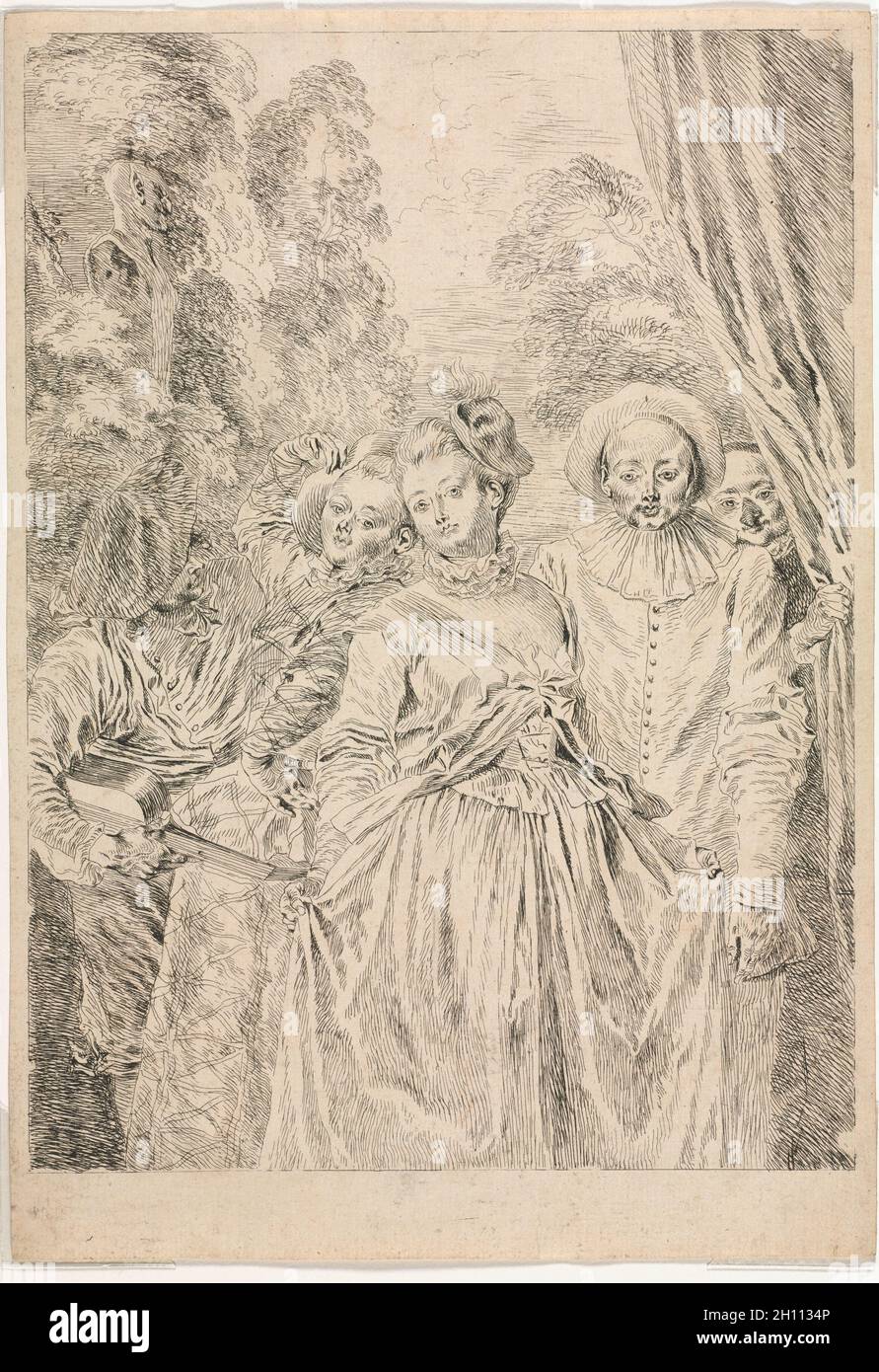 Die Kleidung ist italienisch, 1715-16. Jean Antoine Watteau (Französisch, 1684-1721). Radierung; Blatt: 30 x 20.9 cm (11 13/16 x 8 1/4 Zoll); Bild: 27.5 x 20 cm (10 13/16 x 7 7/8 Zoll). Stockfoto
