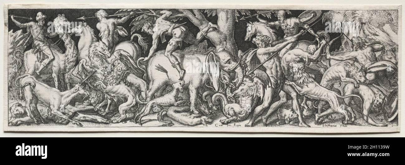 Kämpfe und Triumsen. Etienne Delaune (Französisch, 1518/19-c. L 1583, S. Gravur; Bild: 6.6 x 21.9 cm (2 5/8 x 8 5/8 Zoll); sekundäre Unterstützung: 7.1 x 22.3 cm (2 13/16 x 8 3/4 Zoll). Stockfoto