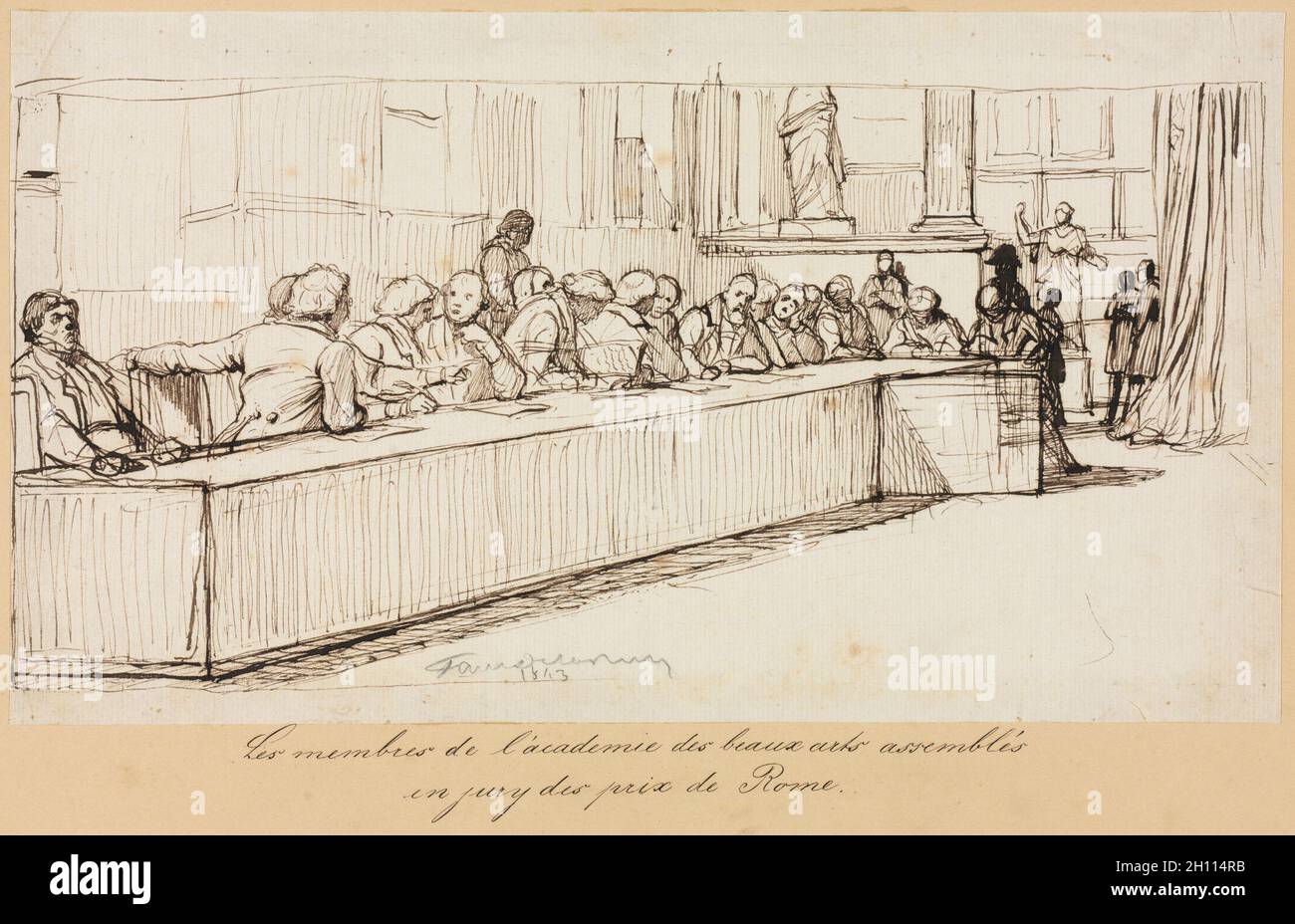 Die Mitglieder der Akademie der Schönen Künste montiert die Rom-Preis, 1841 oder 1842 zur Jury. Paul Delaroche (Französisch, 1797-1856). Feder und Tinte Braun; Blatt: 16,4 x 29,2 cm (6 5/6 x 11 1/2 in.); sekundäre Support: 28,4 x 42,9 cm (11 1/4 x 16 7/8 in.). Stockfoto