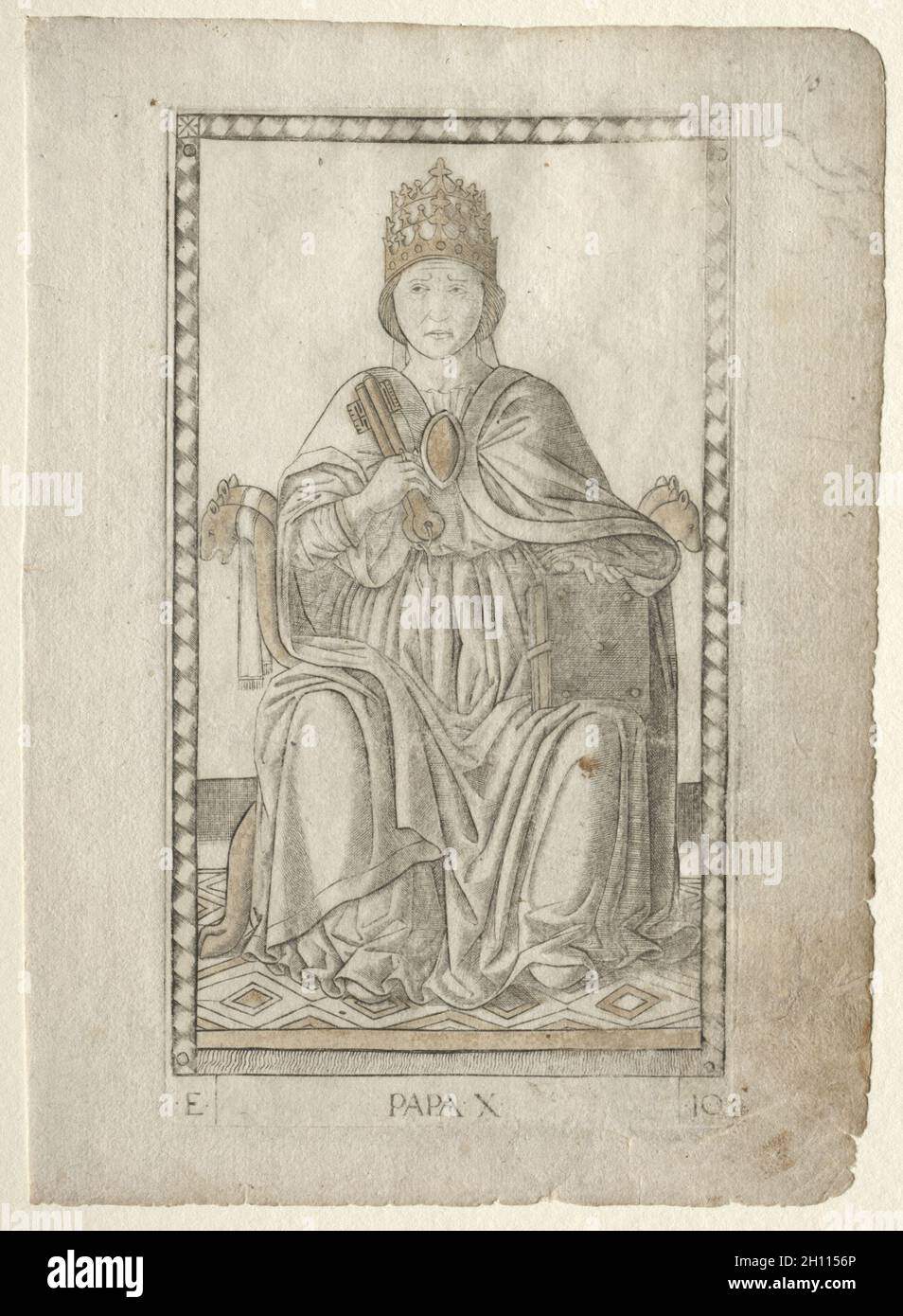 Der Papst (aus dem Tarocchi, Serie E: Bedingungen des Menschen, #10), vor 1467. Meister der E-Serie Tarocchi (italienisch, 15. Jahrhundert). Gravur handfarbig mit Gold; Stockfoto