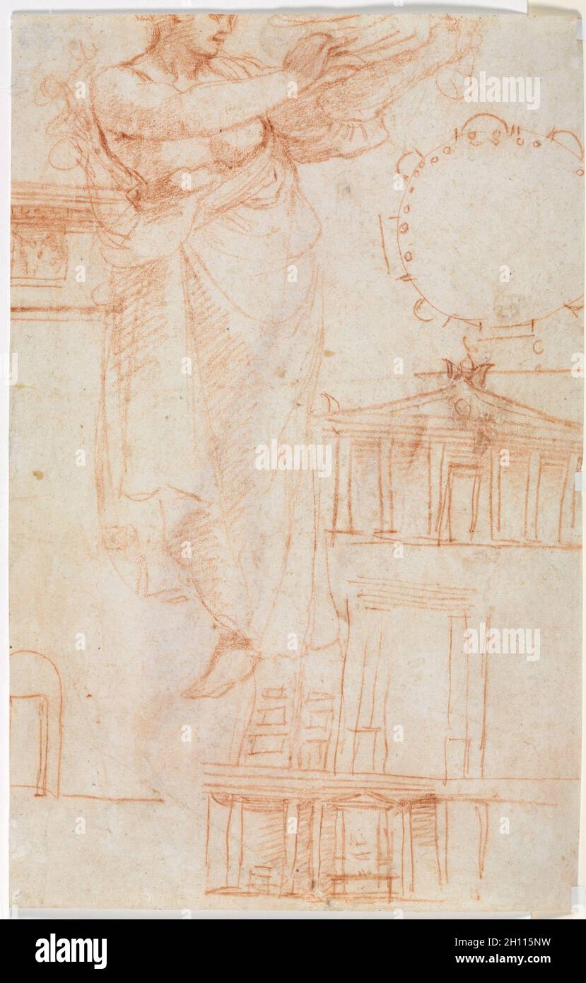 Ein drapierte Weibliche Figur (möglicherweise ein Amazon) und architektonische Studien (verso), C. 1525. Zurück zu Correggio (Italien, 1489?-1534). Rote Kreide; Blatt: 27,3 x 17,5 cm (10 3/4 x 6 7/8 in.). Stockfoto