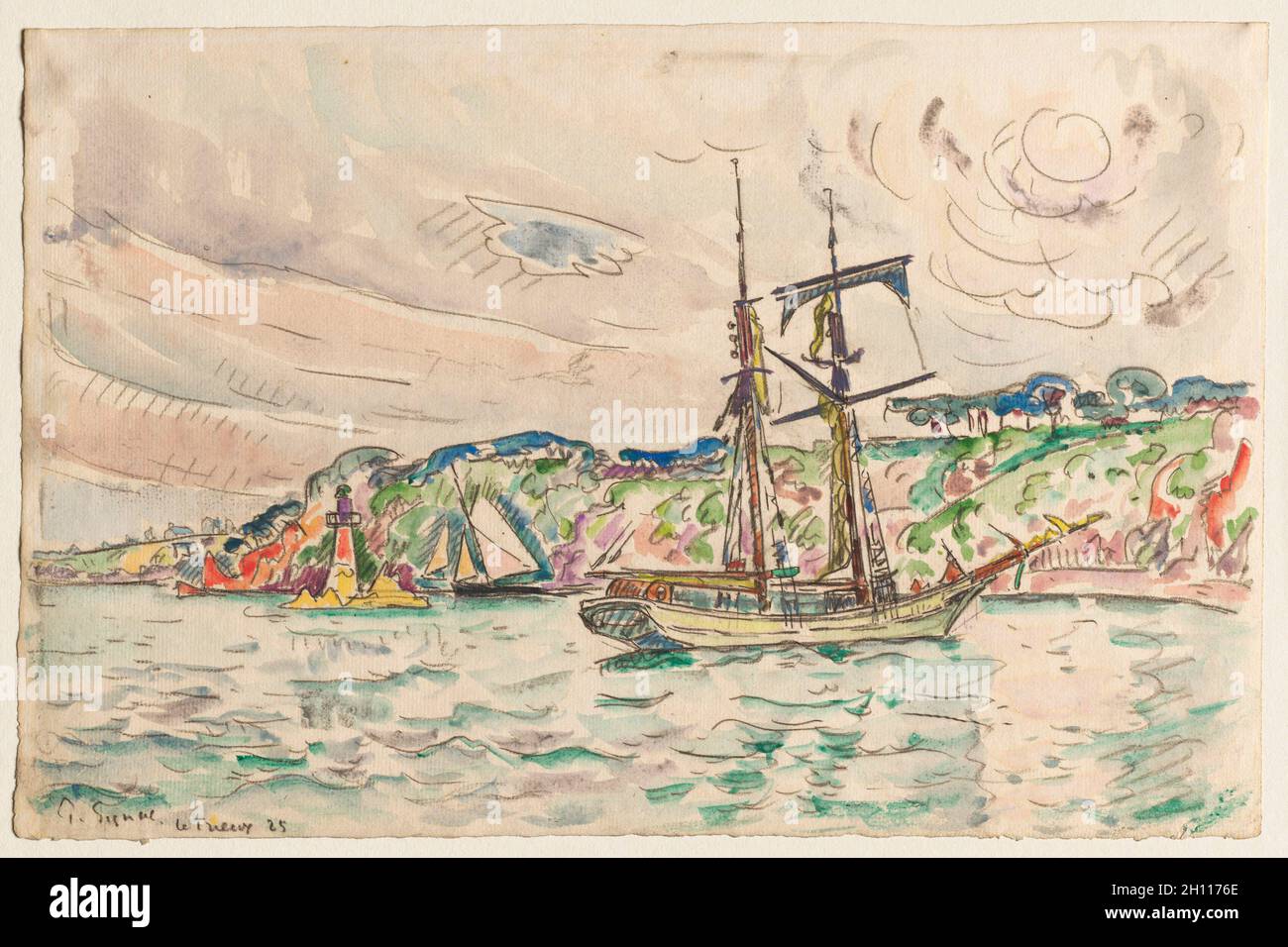 Schiffe in der Nähe des Trieux River, 1925. Paul Signac (Französisch, 1863-1935). Schwarzer Buntstift und Aquarell; Blatt: 30 x 45.9 cm (11 13/16 x 18 1/16 Zoll). Stockfoto