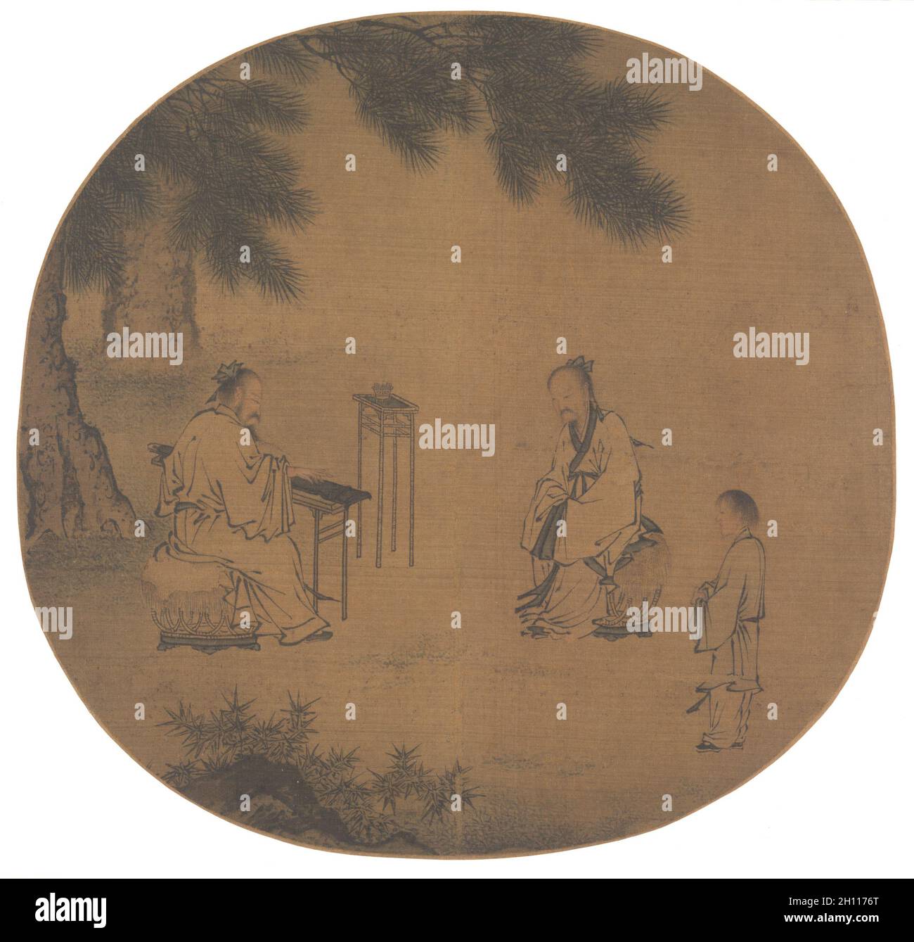 Hören der Qin (Zither), 1150-nach 1225. Liu Songnian (Chinesisch, c. 1150-nach 1225). Albumblatt, Tinte und leichte Farbe auf Seide; Bild: 23.8 x 24.6 cm (9 3/8 x 9 11/16 Zoll); mit Matte: 33.3 x 40.5 cm (13 1/8 x 15 15/16 Zoll). Stockfoto