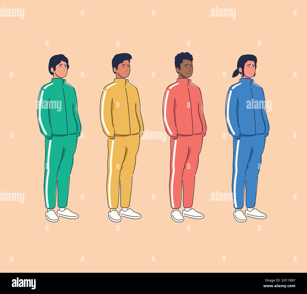 Verschiedene, multirassische Männer, die mehrfarbige Trainingsanzüge tragen. Flache Cartoon stilisierte Vektor-Illustration. Stock Vektor