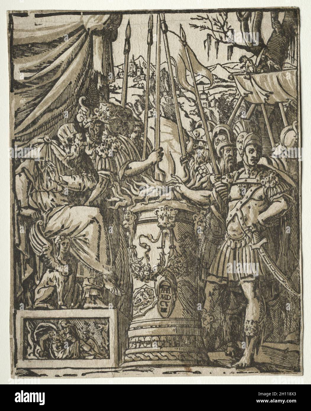 Mucius Scaevola, 1608. Andrea Andreani (italienisch, um 1558–1610), nach Balthasar Peruzzi (italienisch, 1481–1536). Chiaroscuro-Holzschnitt; Stockfoto