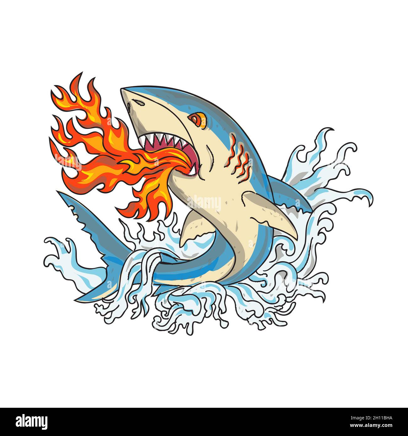 Great White Shark Atmung Feuer Springen mit Wellen Vintage Tattoo Stil Stockfoto