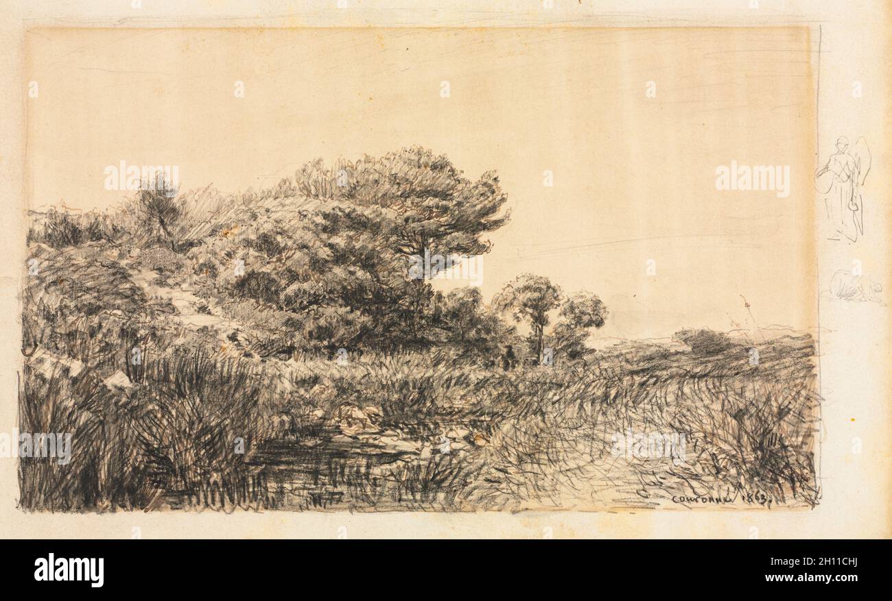 Rand des Sumpfes an Couronne, 1863. Félix Ziem (Französisch, 1821-1911). Pen und braun Tinte, Schwarzer Zeichenstift und Pinsel in Grau waschen, Framing Linien in schwarzer Kreide; zwei Zahlen im rechten Rand in schwarzer Kreide (Bild oben) und Graphit (untere Abbildung); Blatt: 22,5 x 35,2 cm (8 7/8 x 13 7/8 in.); Bild: 18,8 x 30,3 cm (7 3/8 x 11 15/16 in.). Stockfoto