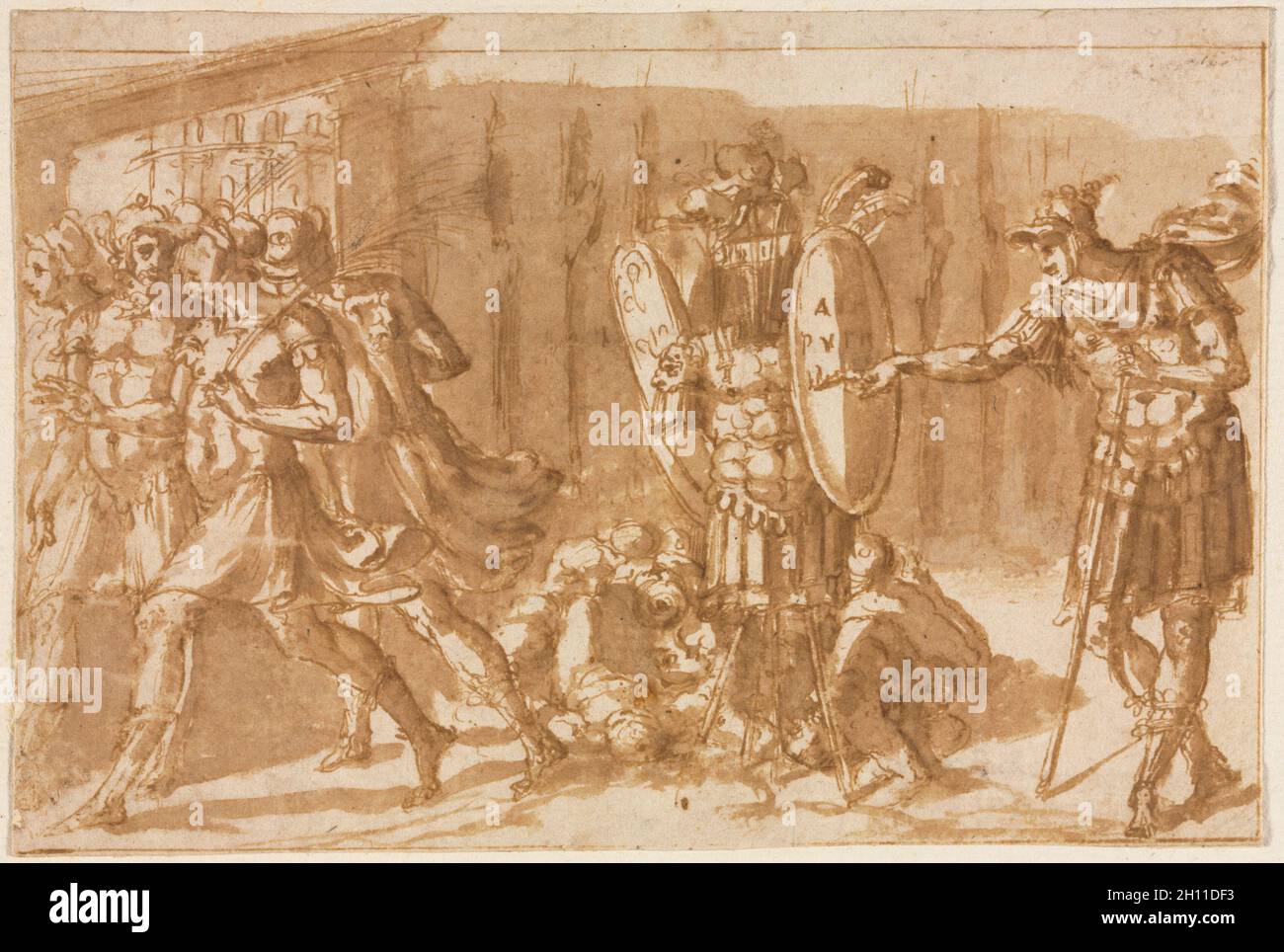 Siegreichen Soldaten mit Pokal, 1550 s. Pellegrino Tibaldi (Italienisch, 1527-1596). Pen und braune Tusche und Pinsel und Braun waschen, Framing Linien in Bister; Blatt: 13,7 x 20,2 cm (5 3/8 x 7 15/16 in.); sekundäre Support: 13,7 x 20,2 cm (5 3/8 x 7 15/16 in.); Tertiärsektor: 21,8 x 27,7 cm (8 9/16 x 10 7/8 in.). Stockfoto