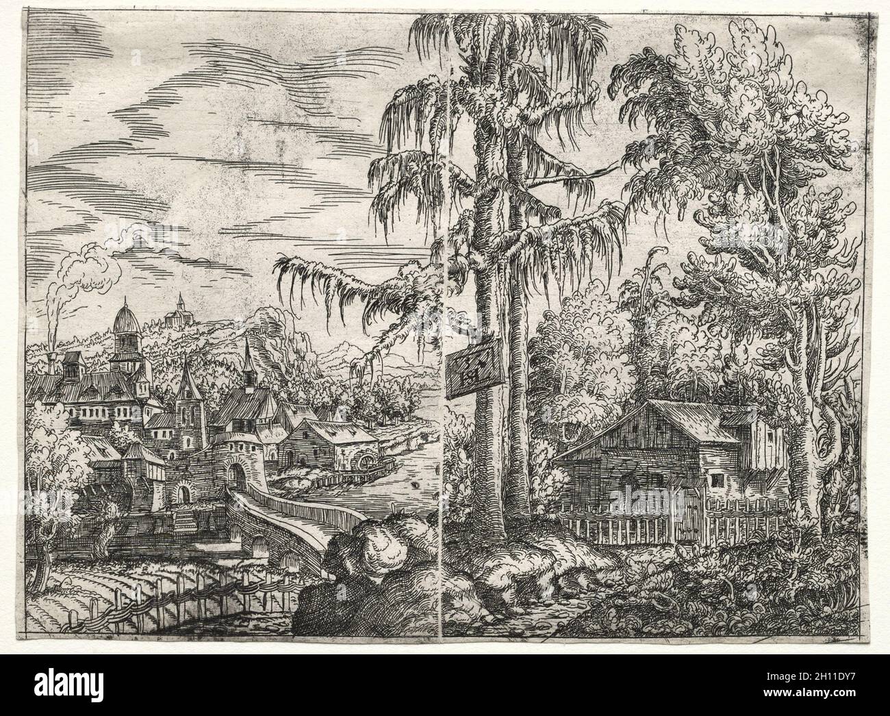 Landschaft mit der Stadt an einem Fluss und der Hütte zwischen Bäumen, 1551. Hanns Lautensack (Deutsch, 1524-1566). Radierung; Bild: 17 x 23 cm (6 11/16 x 9 1/16 Zoll); Blatt: 17 x 23 cm (6 11/16 x 9 1/16 Zoll). Stockfoto