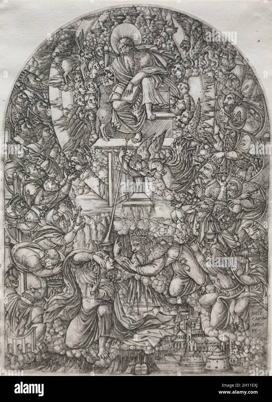 Die Apokalpse: Der heilige Johannes, der in den Himmel beschworen wurde, 1555. Jean-Bettdecke (Französisch, 1485-1561). Gravur; gerahmt: 52.4 x 39.7 x 2.5 cm (20 5/8 x 15 5/8 x 1 Zoll); ungerahmt: 30.4 x 21.9 cm (11 15/16 x 8 5/8 Zoll); Platte: 30.1 x 21.8 cm (11 7/8 x 8 9/16 Zoll). Stockfoto