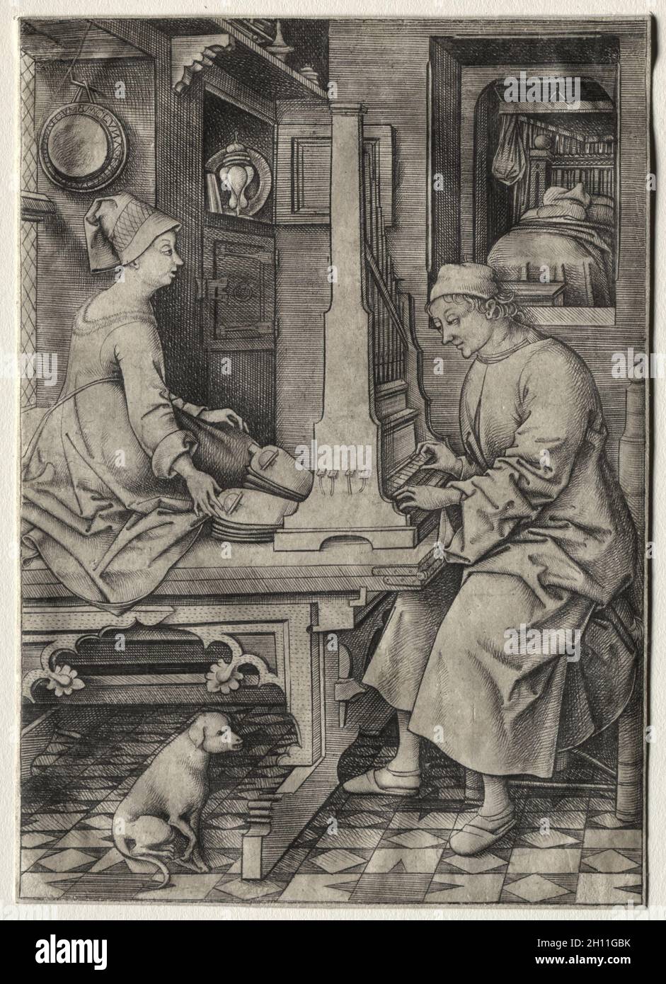 Der Organist und seine Frau, c. 1495-1500. Israelhel van Meckenem (Deutsch, c. 1440-1503). Gravur; Stockfoto