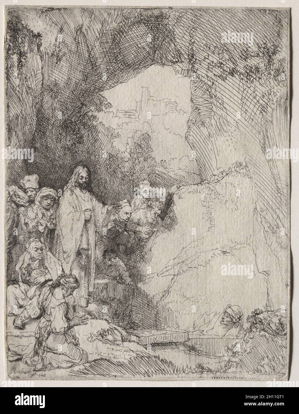 Die Auferweckung des Lazarus: Kleine Platte, 1642. Rembrandt van Rijn (Niederländisch, 1606-1669). Radierung; Blatt: 15.1 x 11.5 cm (5 15/16 x 4 1/2 Zoll); Plattenmark: 14.9 x 11.3 cm (5 7/8 x 4 7/16 Zoll). Stockfoto