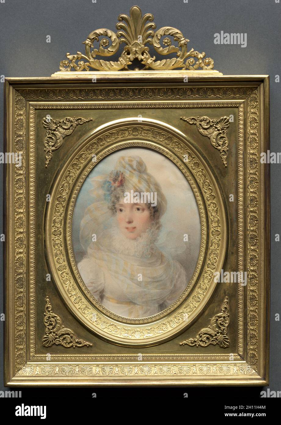 Porträt einer Frau in einem weißen Kleid, 1813. Jean-Baptiste Isabey (Französisch, 1767-1855). Aquarell auf Karte in einem goldblech; gerahmt: 27 x 19,1 cm (10 5/8 x 7 1/2 in.); ungerahmt: 12,4 x 9,2 cm (4 7/8 x 3 5/8 in.). Stockfoto