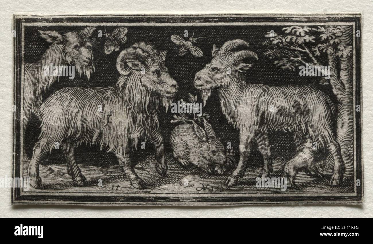 Kampf gegen die Chimären und Szenen zu Aesops Fabeln: Ziegen und Hasen, 1594. Nicolaes de Bruyn (Niederländischen, 1571-1656), A. van Londerseel. Gravur; Blatt: 3,1 x 5,7 cm (1 1/4 x 2 1/4 in.). Stockfoto