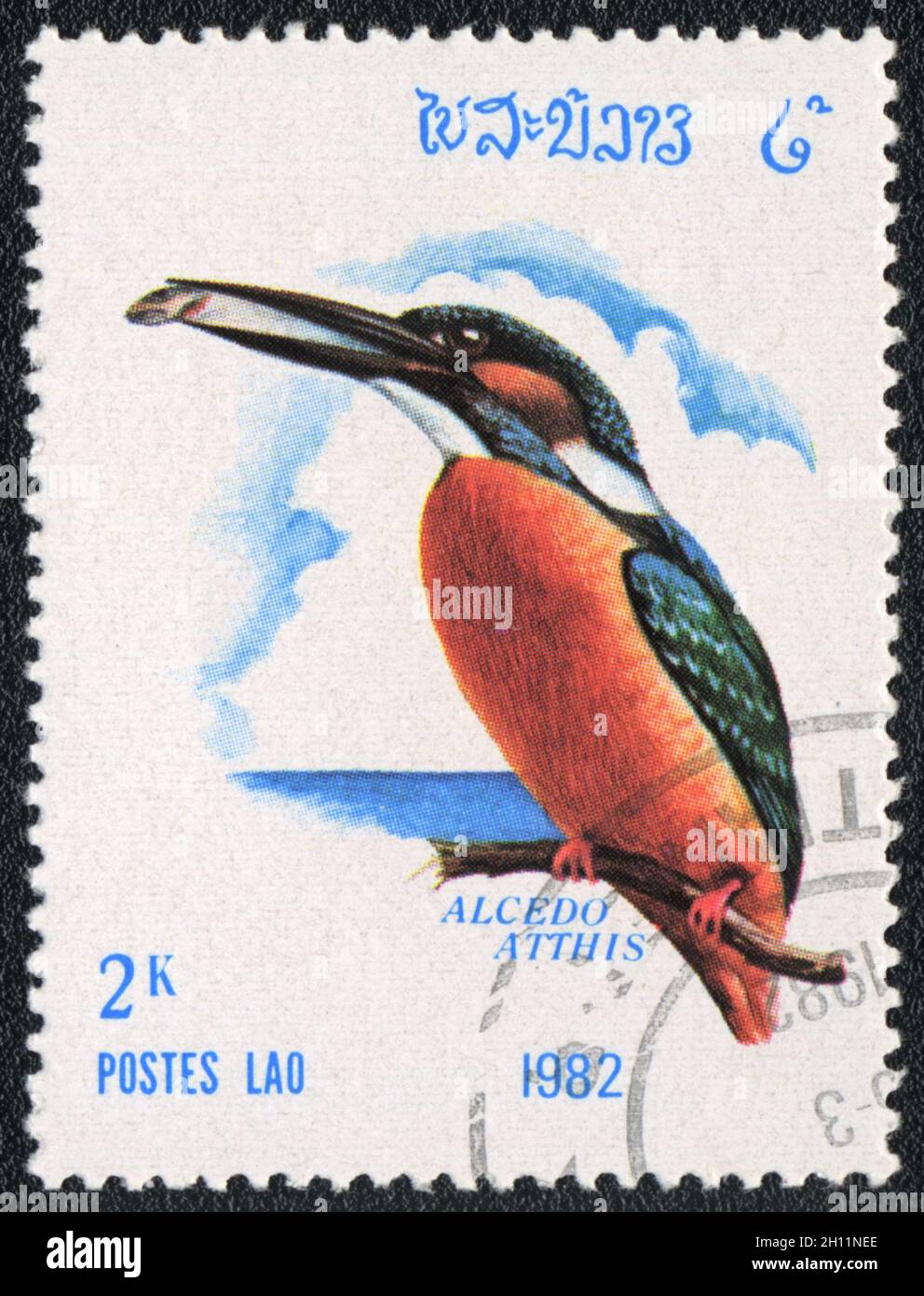 Eine in LAOS gedruckte Marke zeigt Eisvögel (Alcedo atthis) aus der Serie Birds, um 1982 Stockfoto