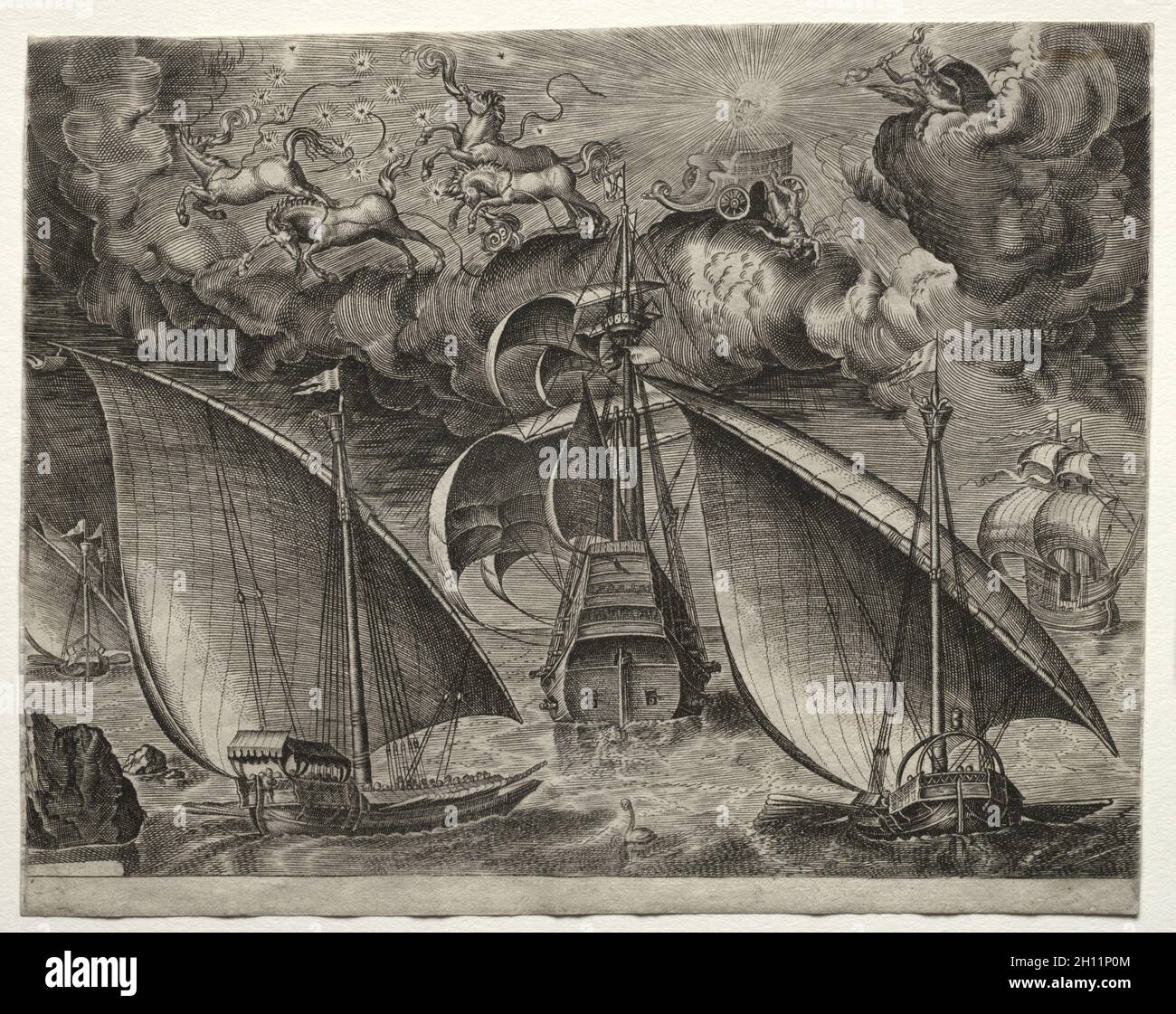 Segelschiffe: Segelschiffe: Zwei Galeeren, die hinter einem bewaffneten Dreimaster mit Phaeton und Jupiter im Himmel segeln, 1561-65. Nach Pieter Bruegel (Flämisch, 1527/8-1569). Gravur; Stockfoto