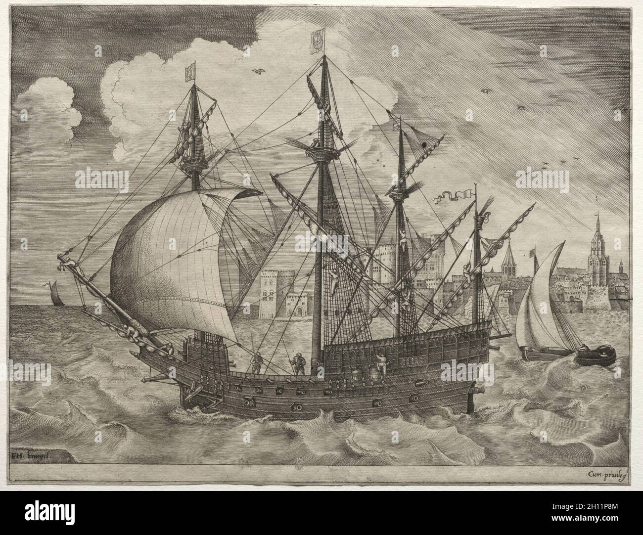 Segelschiffe: Bewaffneter Viermaster, der auf See fährt, 1561-65. Nach Pieter Bruegel (Flämisch, 1527/8-1569), Frans Huys (Flämisch, 1522-1562). Gravur; Stockfoto