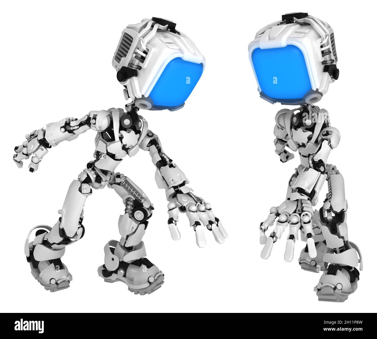 Bildschirm Roboter Figur Charakter Pose reicht nach unten, vorne und seitlich, 3d-Illustration, horizontal, isoliert Stockfoto