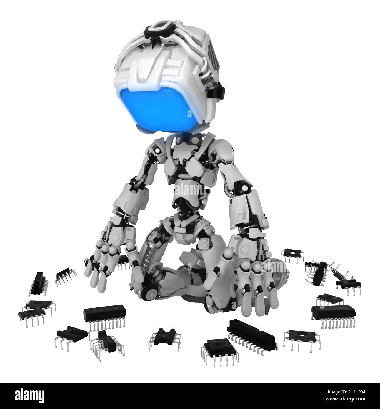 Screen Robot Figur Charakter kniend innerhalb Mikrochip Bit Elemente Kreis, 3d-Illustration, horizontal, isoliert Stockfoto