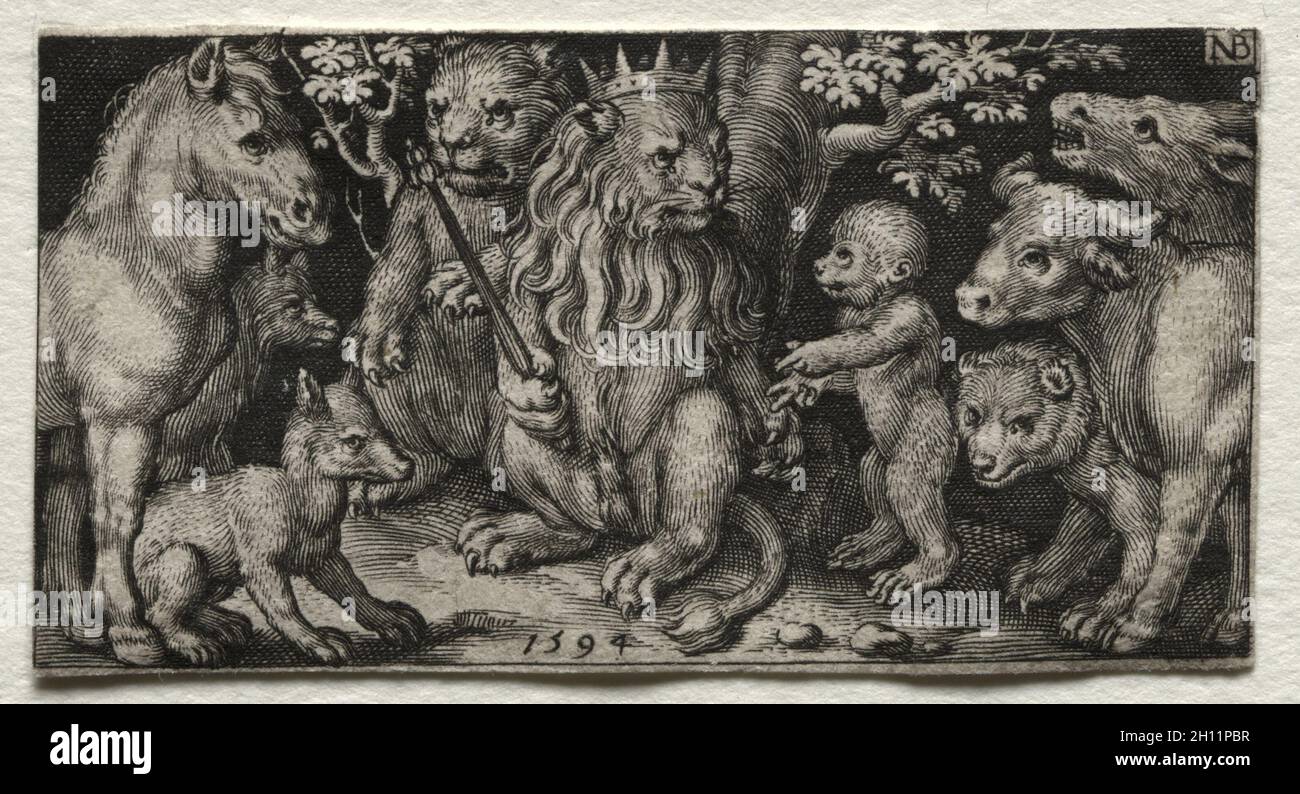 Kampf gegen die Chimären und Szenen zu Aesops Fabeln: Der König der Tiere, 1594. Nicolaes de Bruyn (Niederländischen, 1571-1656), A. van Londerseel. Gravur; Blatt: 3,2 x 6,1 cm (1 1/4 x 2 3/8 in.). Stockfoto