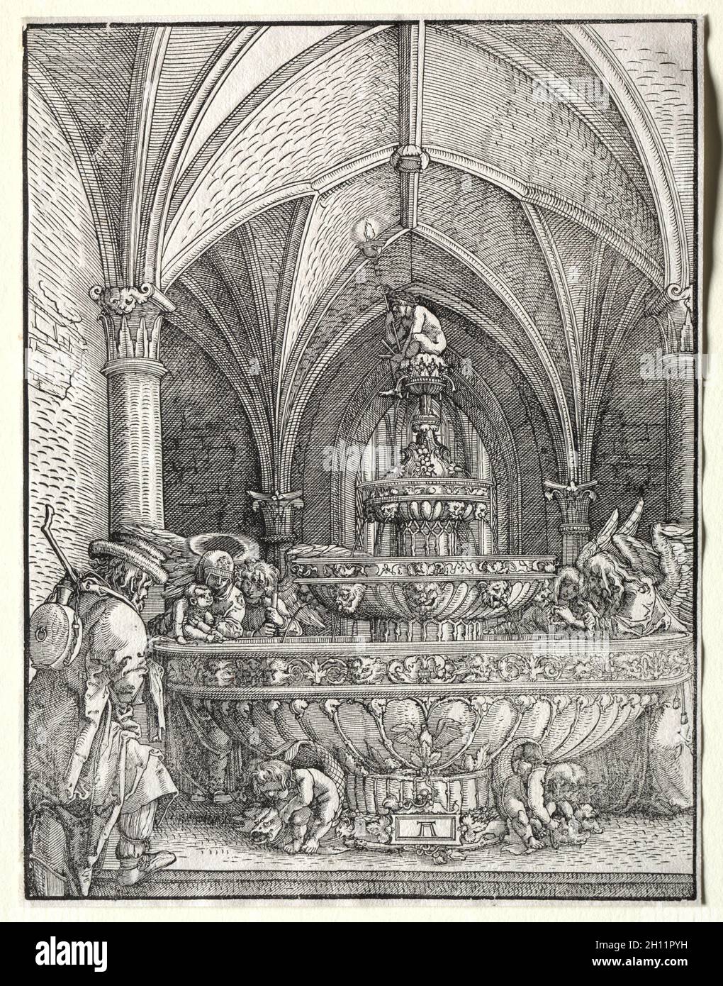 Die Heilige Familie auf der Flucht nach Ägypten an einem Brunnen, c. 1520. Albrecht Altdorfer (Deutsch, c. 1480-1538). Holzschnitt; Stockfoto