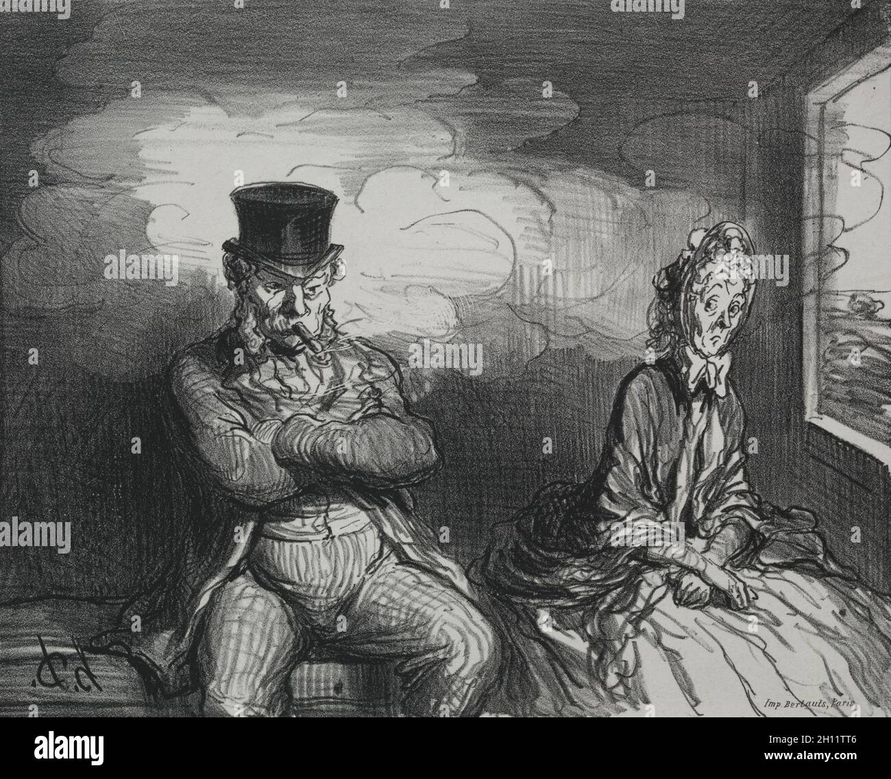 Veröffentlicht in le Boulevard (21. September 1862): On the Train: A Pleasant Companion, 1862. Honoré Daumier (Französisch, 1808-1879), Bertauts. Lithographie; Blatt: 31.2 x 44.1 cm (12 5/16 x 17 3/8 Zoll); Bild: 19.6 x 24.3 cm (7 11/16 x 9 9/16 Zoll). Stockfoto