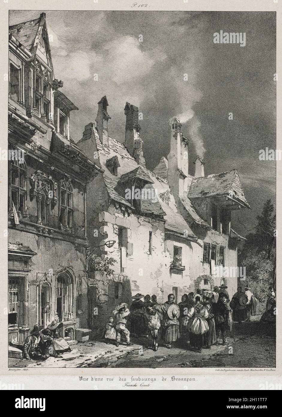 Voyages pittoresques et romantiques dans l'ancienne Frankreich, Franche-Comté: Vue d'une rue des faubourgs de Besançon, 1825. Richard Parkes Bonington (Großbritannien, 1802-1828). Lithographie; Stockfoto