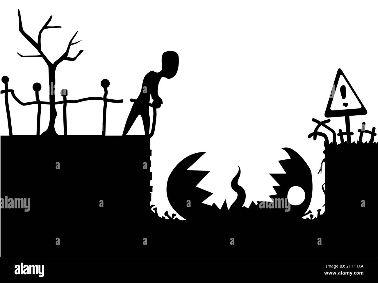 Pitfall Halloween Monster Szene Silhouette Cartoon schwarz, Vektor-Illustration, horizontal, über weiß Stock Vektor