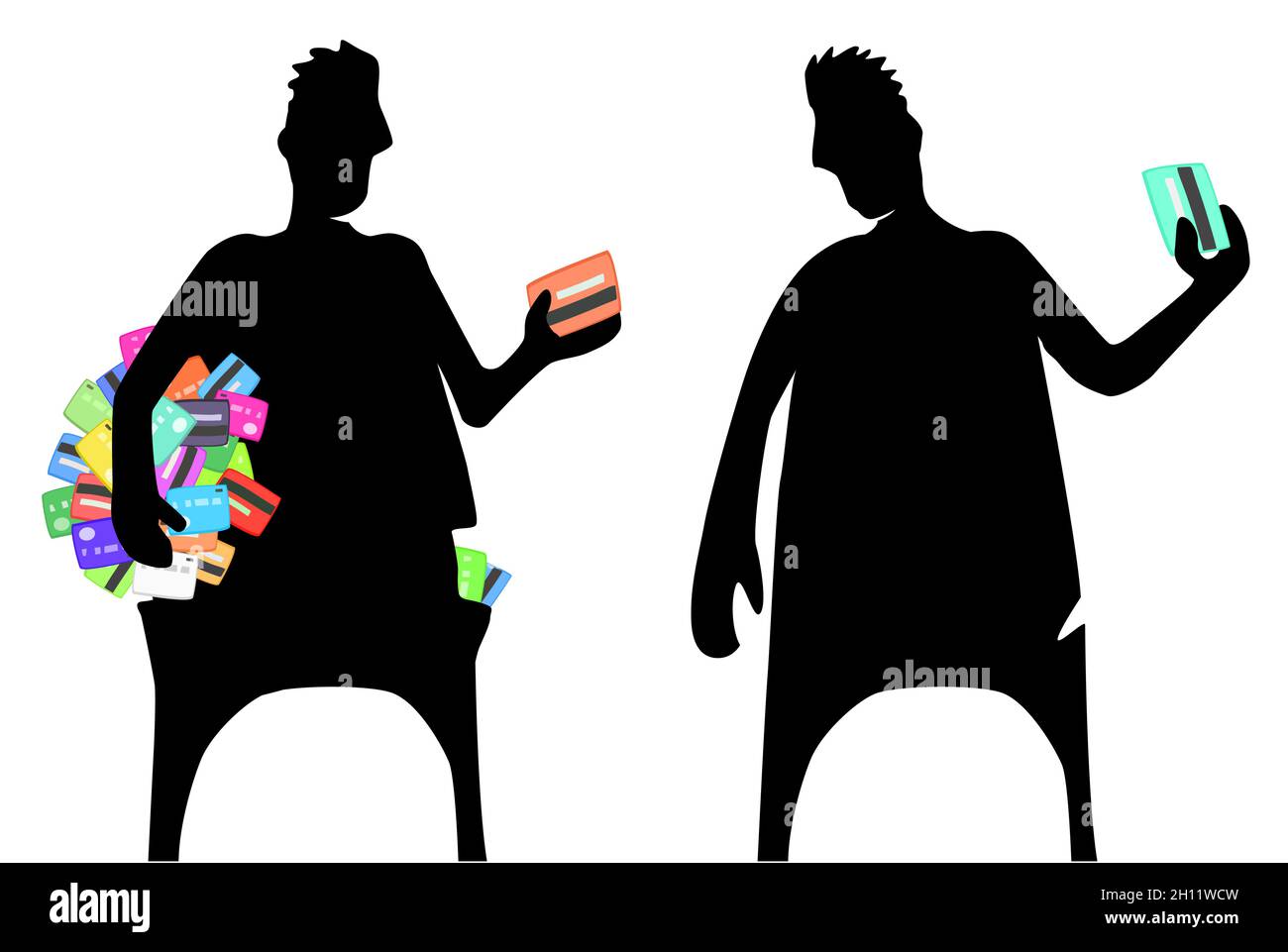 Kreditkarte Sammler Silhouette Figur bietet eine andere, Vektor Cartoon Farbe Illustration horizontal Stock Vektor