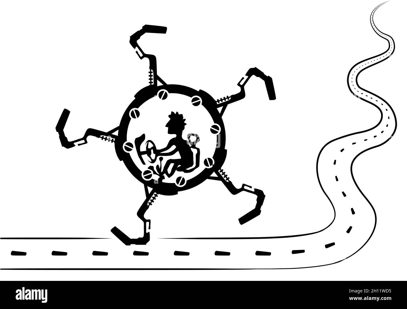 Walking Roboter Beine Rundrad Fahrzeug fahren entlang Straße Cartoon Linie Zeichnung, Vektor, horizontal, schwarz und weiß Stock Vektor