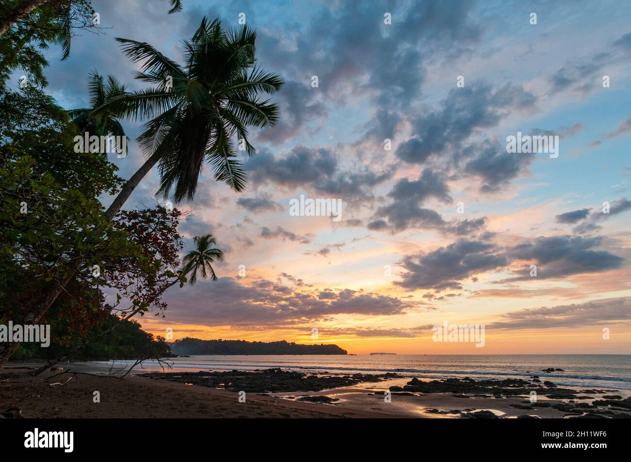 Ein von Palmen gesäumter Strand mit sanfter Brandung bei Sonnenuntergang. Drake Bay, Osa Peninsula, Costa Rica. Stockfoto