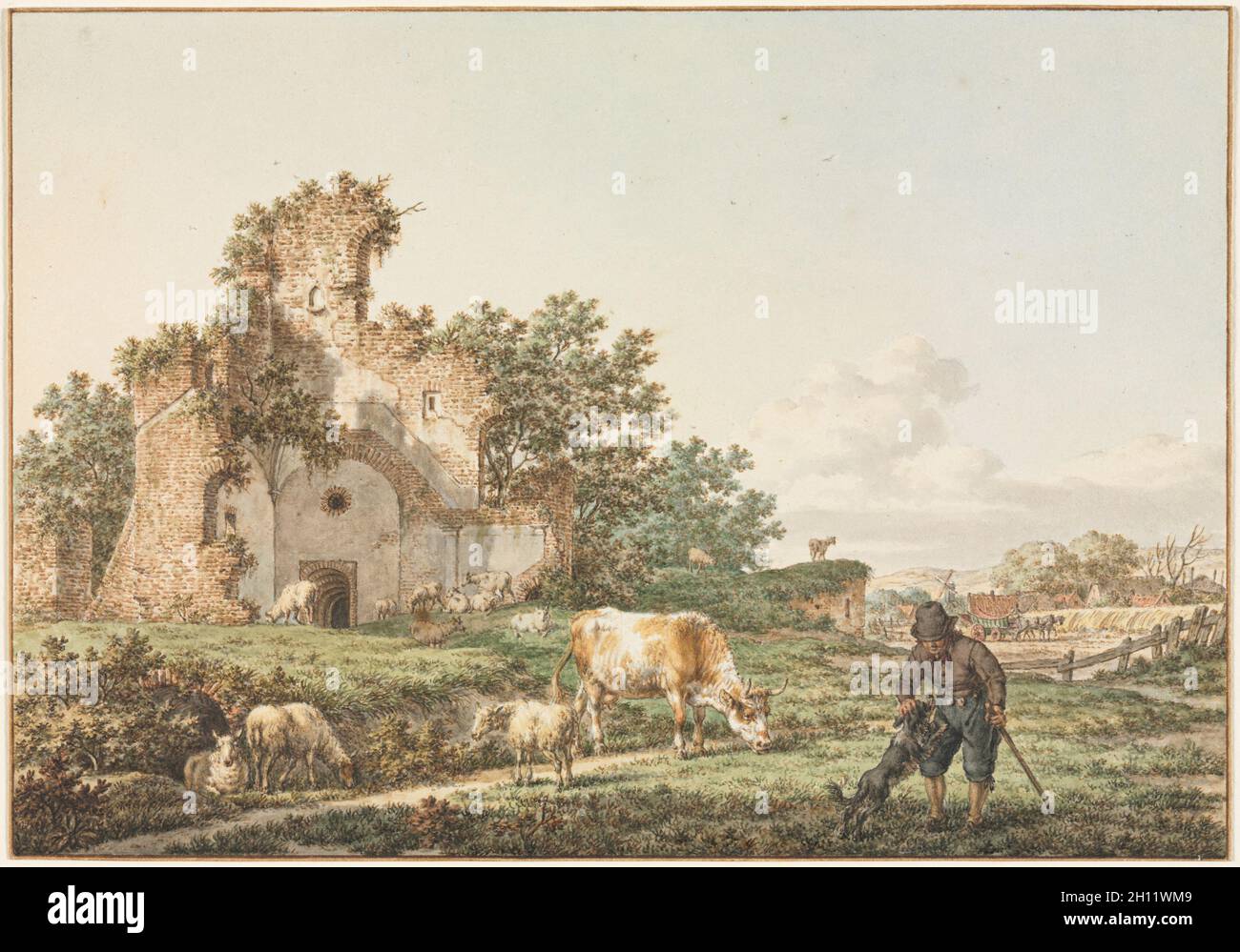 Pastorale Landschaft mit Ruine, 1799. Jacob Cats (Niederländisch, 1741-1799). Aquarell, Pinsel und Aquarell und Feder und Tinte über Braun schwarze Kreide; framing Linien in Bister und Braun waschen; Blatt: 25,8 x 18 cm (10 1/4 x 7 1/16 in.); sekundäre Support: 25,8 x 18 cm (10 1/4 x 7 1/16 in.). Stockfoto