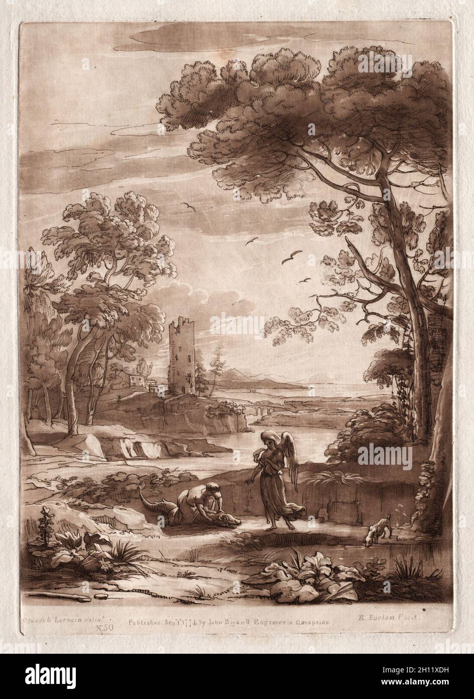 Liber Veritatis: No. 50, A River Scene with Tobias and the Angel, 1774. Richard Earlom (britisch, 1743-1822), nach Claude Lorrain (französisch, 1604-1682). Ätzung und Mezzotinta; Stockfoto