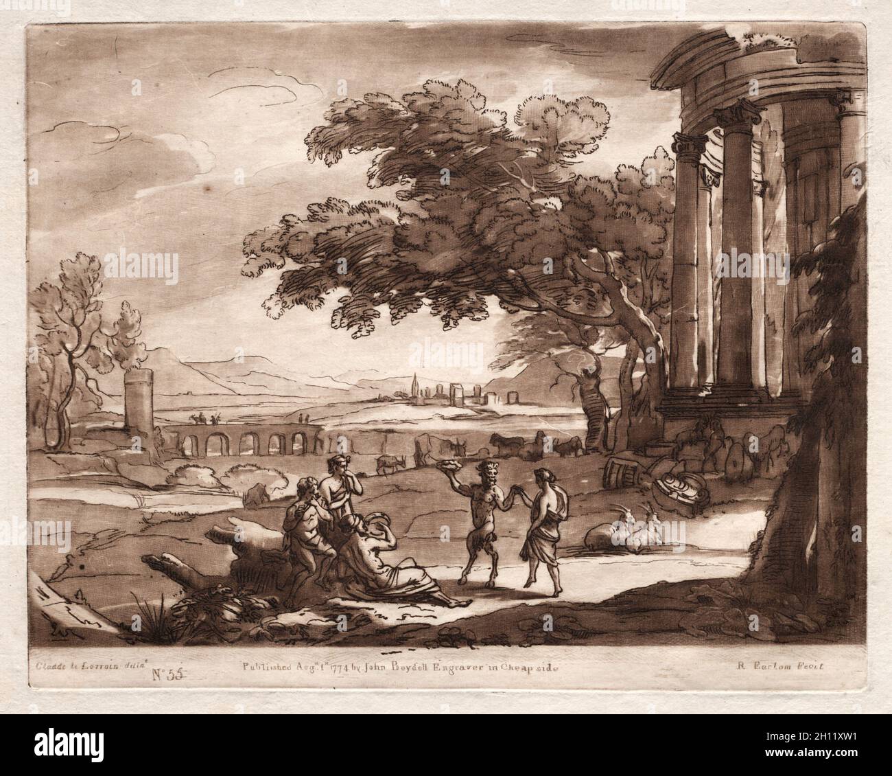 Liber Veritatis: No. 55, A Landscape with a Temple and a Nymph and Satyr Dancing, 1774. Richard Earlom (britisch, 1743-1822), nach Claude Lorrain (französisch, 1604-1682). Ätzung und Mezzotinta; Stockfoto