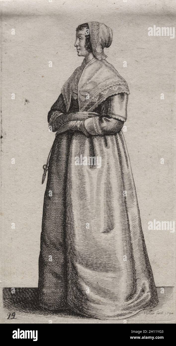 Die verschiedenen Gewohnheiten der englischen Frauen, vom Adel bis zu den Landfrauen, wie sie in diesen Zeiten sind: Die Frau mit der Schere, c, 1640. Wenceslaus Hollar (Böhmisch, 1607-1677). Ätzen; Stockfoto