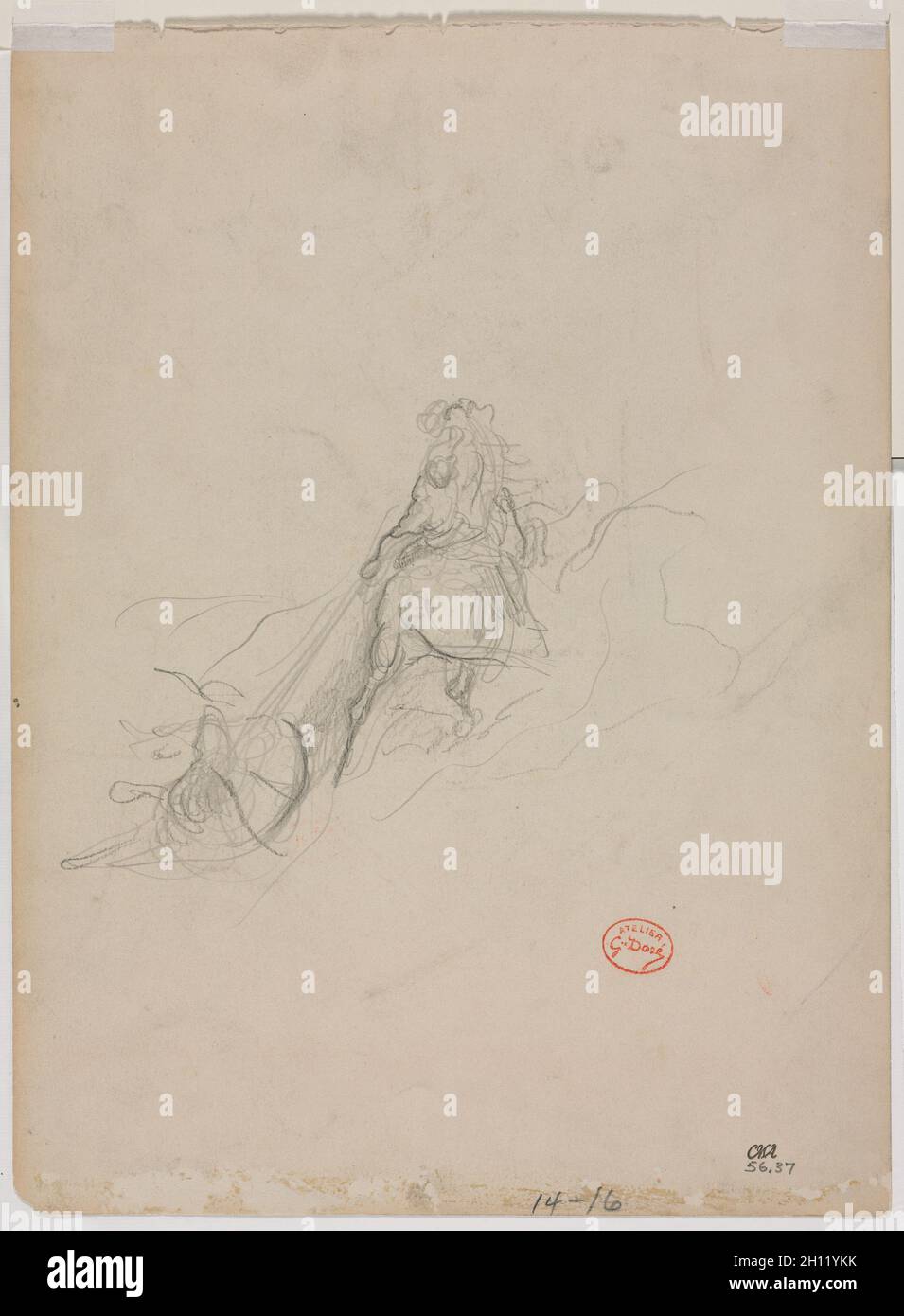 Skizze der Jagdszene (verso), c. 1868. Gustave Doré (Französisch, 1832-1883). Graphit und schwarzer Buntstift; Blatt: 30.1 x 22.2 cm (11 7/8 x 8 3/4 Zoll). Stockfoto