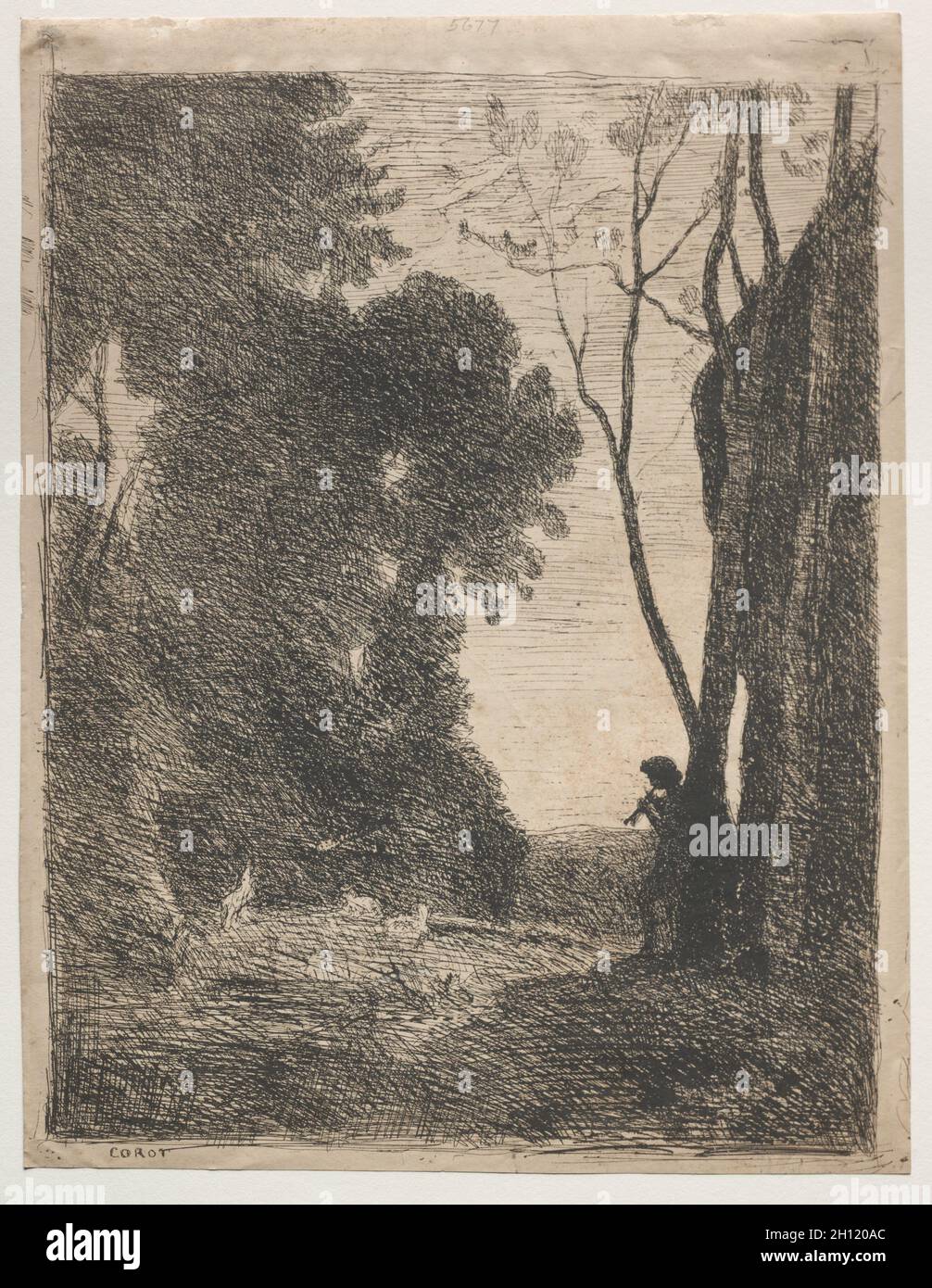 Der Kleine Hirte, 1855. Jean Baptiste Camille Corot (Französisch, 1796-1875). Klischee-verre; Blatt: 35.7 x 27.5 cm (14 1/16 x 10 13/16 Zoll); Bild: 33.5 x 26 cm (13 3/16 x 10 1/4 Zoll). Stockfoto